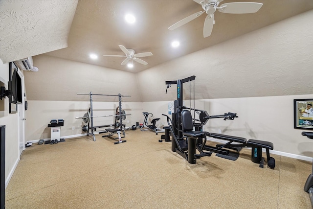 4323 Colony W Dr, Richmond, TX 77406 - workout room with a ceiling fan, baseboards, lofted ceiling, recessed lighting, and carpet floors