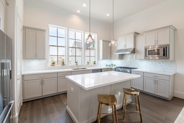 5304 S Capitol St, Houston, TX 77023 - kitchen featuring under cabinet range hood, appliances with stainless steel finishes, a sink, dark wood-style flooring, and recessed lighting