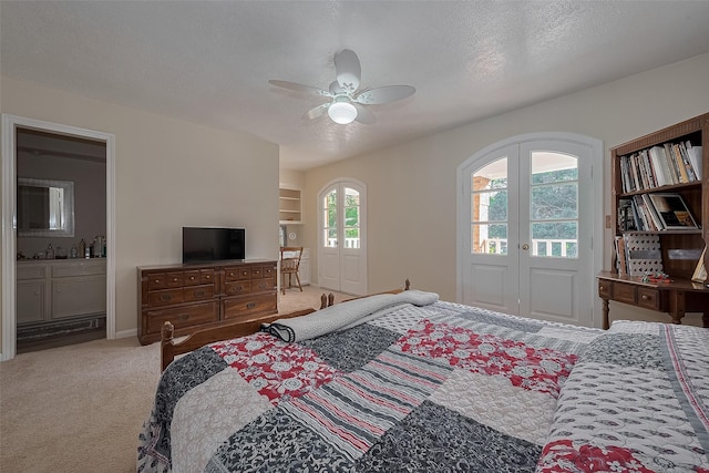 4010 Brynmawr Dr, Richmond, TX 77406 - carpeted bedroom featuring ceiling fan, connected bathroom, a textured ceiling, and baseboards