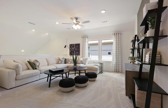 25701 Damask Dr, Magnolia, TX 77355 - living area featuring a ceiling fan, light colored carpet, and recessed lighting