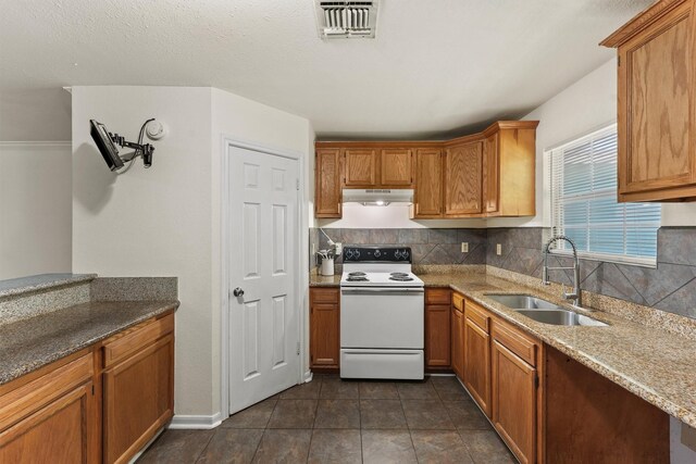 1314 Robert St, Baytown, TX 77521 - kitchen featuring white electric stove, a sink, under cabinet range hood, backsplash, and brown cabinets