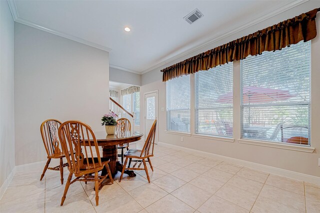 15614 Stable Brook Cir, Cypress, TX 77429 - dining room with ornamental molding, baseboards, recessed lighting, and light tile patterned floors