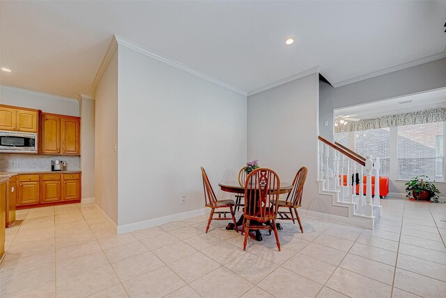 15614 Stable Brook Cir, Cypress, TX 77429 - dining room featuring ornamental molding, stairway, light tile patterned flooring, baseboards, and recessed lighting