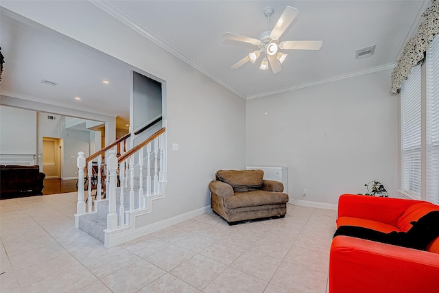 15614 Stable Brook Cir, Cypress, TX 77429 - sitting room with ceiling fan, baseboards, stairway, tile patterned floors, and ornamental molding