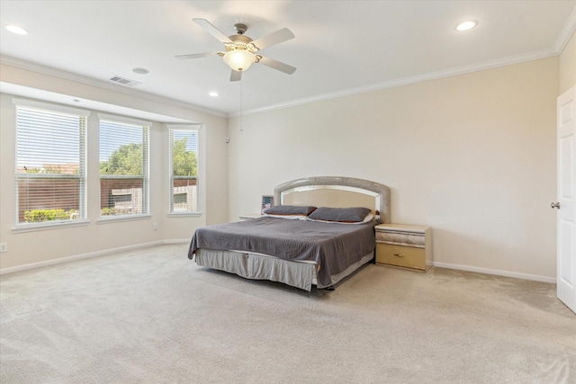 6015 Turner Shadow Ln, Sugar Land, TX 77479 - bedroom with light carpet, baseboards, ornamental molding, recessed lighting, and a ceiling fan