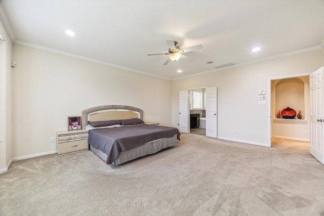 6015 Turner Shadow Ln, Sugar Land, TX 77479 - bedroom featuring light colored carpet, ornamental molding, baseboards, recessed lighting, and a ceiling fan