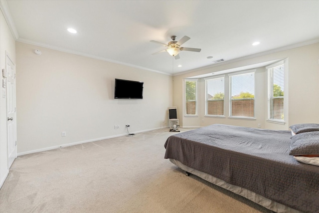 6015 Turner Shadow Ln, Sugar Land, TX 77479 - bedroom with ornamental molding, baseboards, light carpet, recessed lighting, and a ceiling fan