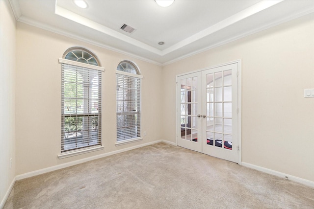 6015 Turner Shadow Ln, Sugar Land, TX 77479 - carpeted empty room with a raised ceiling, french doors, crown molding, baseboards, and recessed lighting