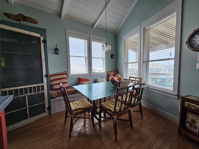 833 Kahla Dr, Crystal Beach, TX 77650 - dining space with dark wood-type flooring, a chandelier, baseboards, and wood ceiling