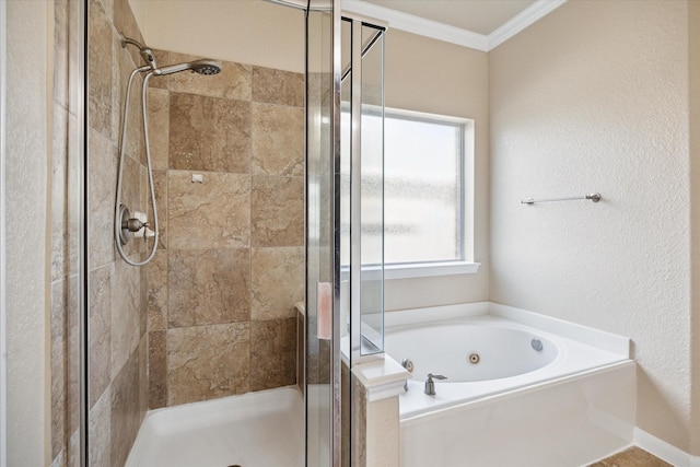 full bath with a shower stall, ornamental molding, and a tub with jets