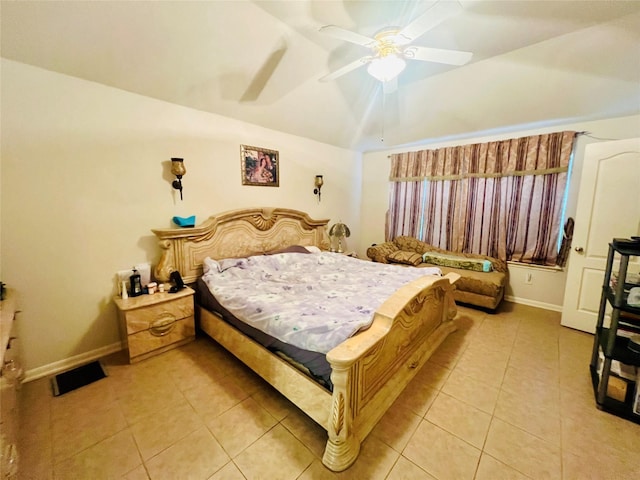12931 Blackbrook Ln, Houston, TX 77041 - bedroom featuring light tile patterned flooring, lofted ceiling, baseboards, and ceiling fan