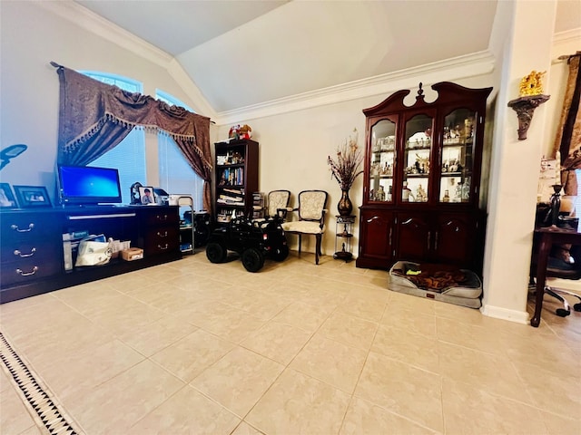 12931 Blackbrook Ln, Houston, TX 77041 - living area featuring tile patterned flooring, vaulted ceiling, and crown molding