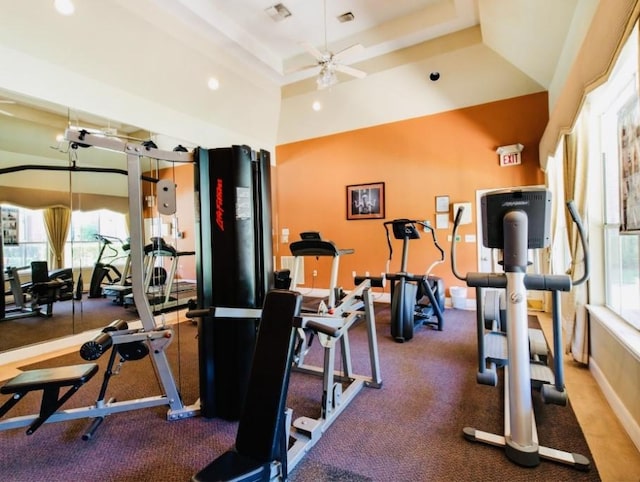 1330 Old Spanish Trl Unit 7207, Houston, TX 77054 - workout area featuring ceiling fan, a raised ceiling, recessed lighting, baseboards, and a towering ceiling