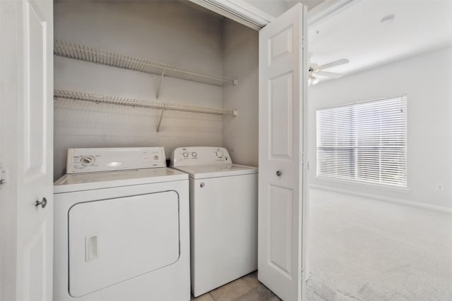 1330 Old Spanish Trl Unit 7207, Houston, TX 77054 - washroom with separate washer and dryer, ceiling fan, and light colored carpet