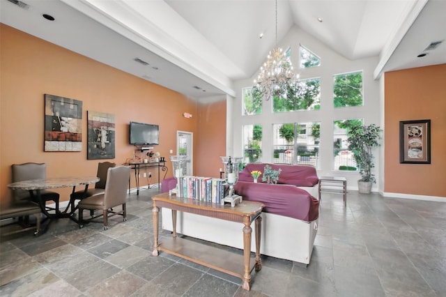 1330 Old Spanish Trl Unit 7207, Houston, TX 77054 - living room with high vaulted ceiling, stone tile flooring, a chandelier, and baseboards