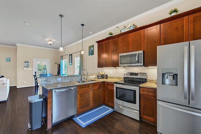 607 29th St, Dickinson, TX 77539 - kitchen featuring stainless steel appliances, a sink, a peninsula, crown molding, and dark wood-style flooring