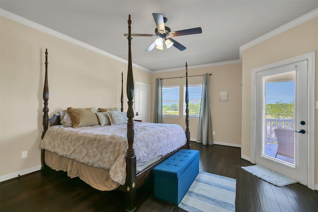 607 29th St, Dickinson, TX 77539 - bedroom featuring dark wood-type flooring, baseboards, access to outside, ornamental molding, and ceiling fan