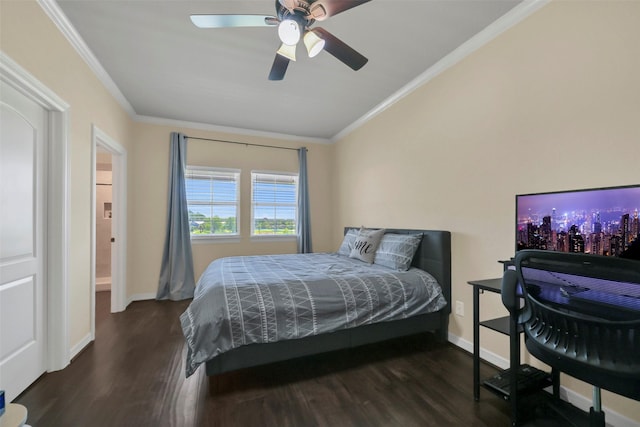 607 29th St, Dickinson, TX 77539 - bedroom with crown molding, wood finished floors, baseboards, and ceiling fan