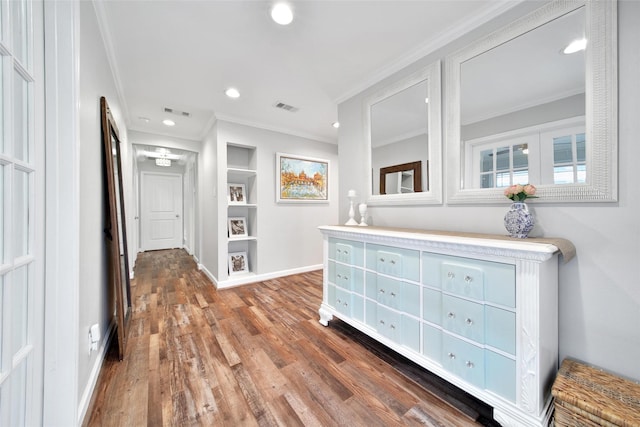 1345 Curtin St, Houston, TX 77018 - hallway with ornamental molding, wood finished floors, recessed lighting, baseboards, and built in features