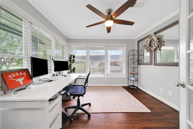 1345 Curtin St, Houston, TX 77018 - office space featuring a ceiling fan, crown molding, baseboards, and dark wood-type flooring