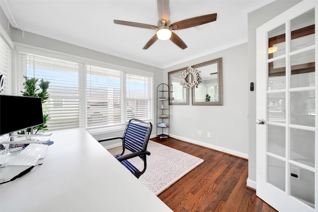 1345 Curtin St, Houston, TX 77018 - office space featuring dark wood finished floors, ceiling fan, baseboards, and crown molding