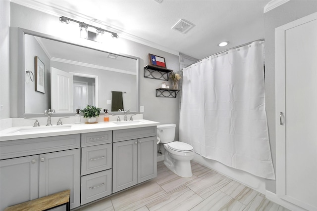 1345 Curtin St, Houston, TX 77018 - full bathroom with crown molding, toilet, double vanity, and shower / tub combo