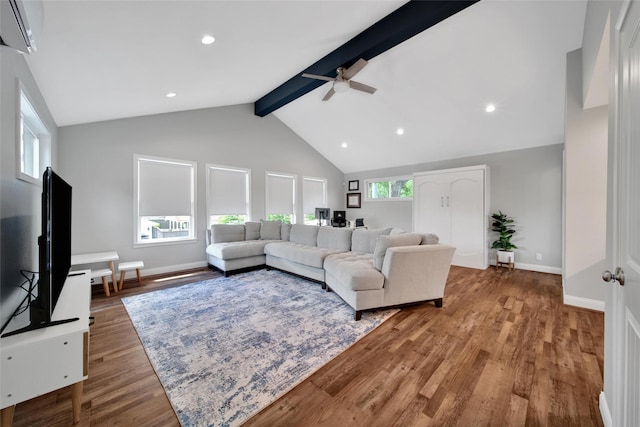 1345 Curtin St, Houston, TX 77018 - living room with beamed ceiling, wood finished floors, a ceiling fan, high vaulted ceiling, and baseboards