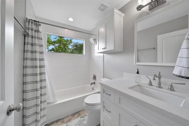 1345 Curtin St, Houston, TX 77018 - full bath with toilet, shower / tub combo, vanity, recessed lighting, and marble look tile flooring