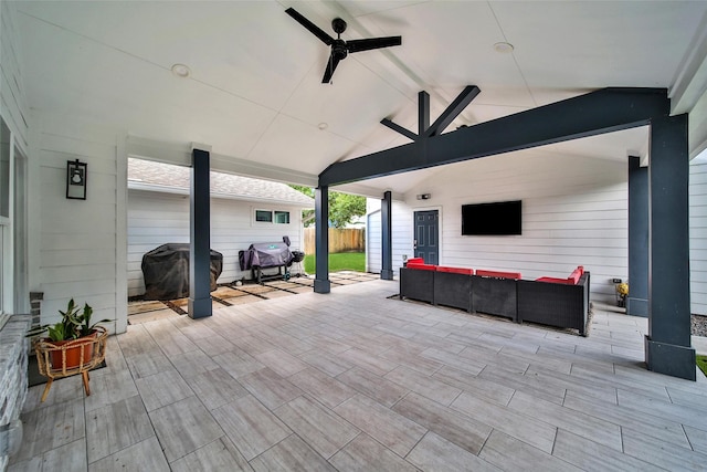 1345 Curtin St, Houston, TX 77018 - view of patio / terrace featuring an outdoor hangout area, ceiling fan, fence, and area for grilling