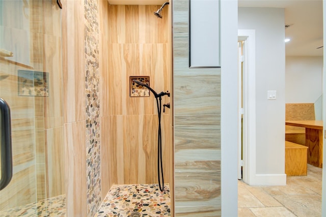4438 Wigton Dr, Houston, TX 77096 - bathroom with a stall shower, recessed lighting, and stone finish flooring