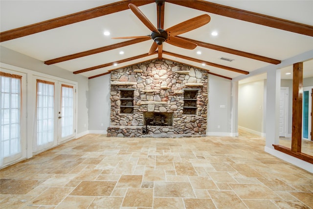 4438 Wigton Dr, Houston, TX 77096 - unfurnished living room with baseboards, stone tile flooring, a ceiling fan, recessed lighting, and french doors