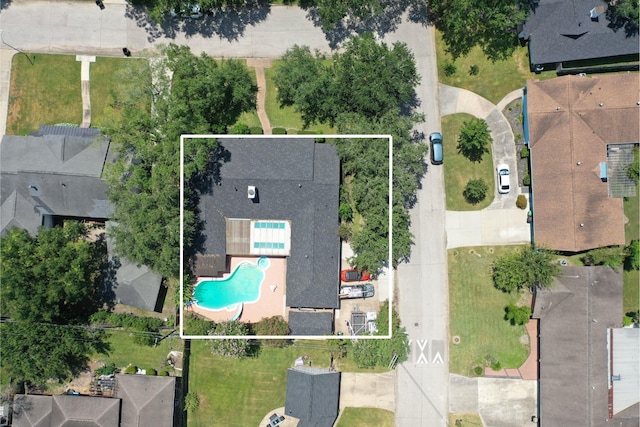 4438 Wigton Dr, Houston, TX 77096 - aerial view of property and surrounding area with a pool area and property boundaries highlighted