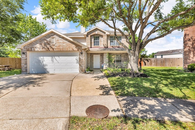 7918 Swan Ln, Baytown, TX 77523 - traditional-style house featuring brick siding, driveway, an attached garage, and covered porch