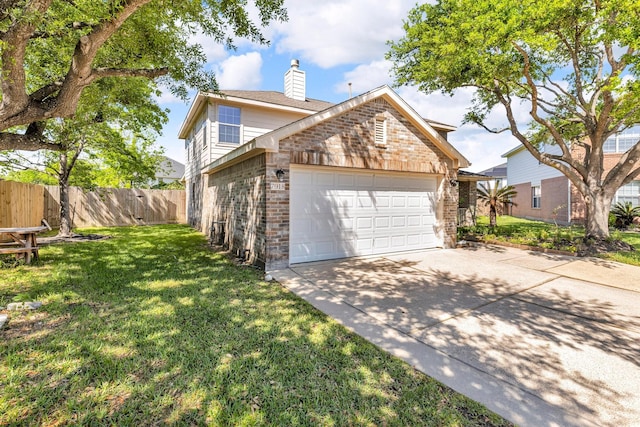 7918 Swan Ln, Baytown, TX 77523 - view of front of home with a chimney, brick siding, concrete driveway, and an attached garage