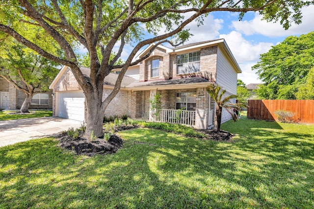 7918 Swan Ln, Baytown, TX 77523 - traditional-style house featuring concrete driveway, covered porch, brick siding, and an attached garage