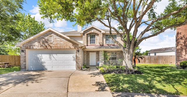 7918 Swan Ln, Baytown, TX 77523 - traditional-style house with concrete driveway, brick siding, covered porch, an attached garage, and a chimney