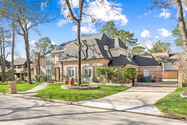 16019 Mickleham Dr, Spring, TX 77379 - french country home with a gate, brick siding, driveway, and a residential view