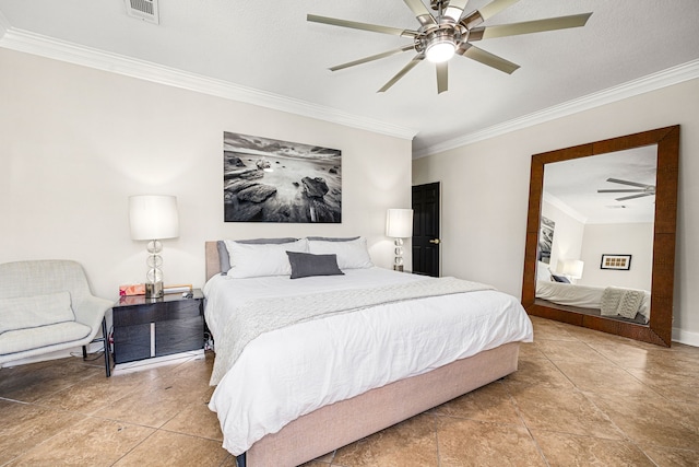 16019 Mickleham Dr, Spring, TX 77379 - bedroom with ornamental molding, light tile patterned floors, ceiling fan, and baseboards