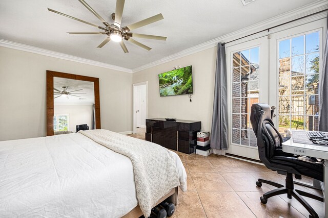 16019 Mickleham Dr, Spring, TX 77379 - bedroom with ornamental molding, access to outside, light tile patterned floors, an office area, and ceiling fan