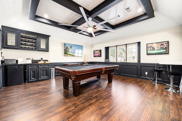 16019 Mickleham Dr, Spring, TX 77379 - recreation room featuring bar with sink, coffered ceiling, billiards, dark wood-style floors, and a wainscoted wall