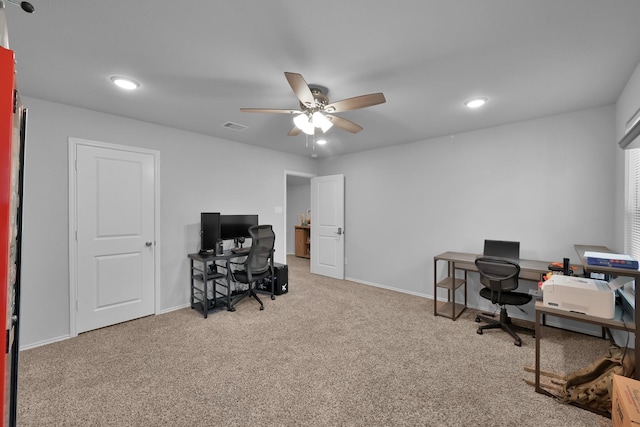 9040 Pecos Pl, Willis, TX 77378 - office with carpet flooring, ceiling fan, recessed lighting, and baseboards