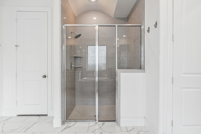 15003 Big Spring Park Dr, Cypress, TX 77433 - full bathroom with marble finish flooring, a shower stall, baseboards, and lofted ceiling