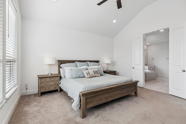 15003 Big Spring Park Dr, Cypress, TX 77433 - bedroom with multiple windows, ensuite bathroom, carpet floors, recessed lighting, and high vaulted ceiling