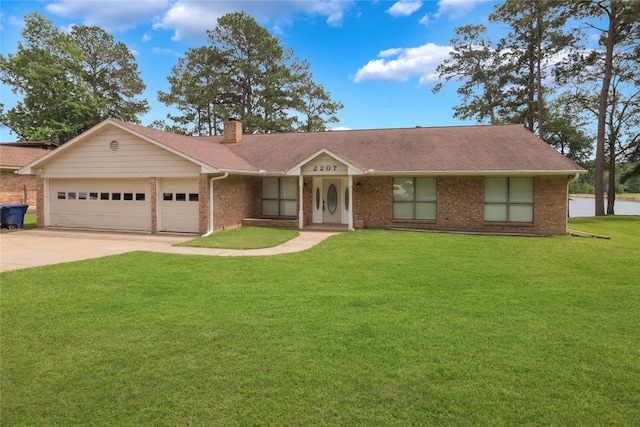 2207 Azalea Cir, Huntsville, TX 77340 - ranch-style home with a garage, brick siding, driveway, a chimney, and a front yard