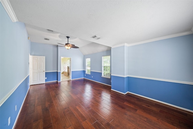 2502 Sea Horse Ct, Seabrook, TX 77586 - empty room with ceiling fan, wood finished floors, baseboards, lofted ceiling, and a textured ceiling