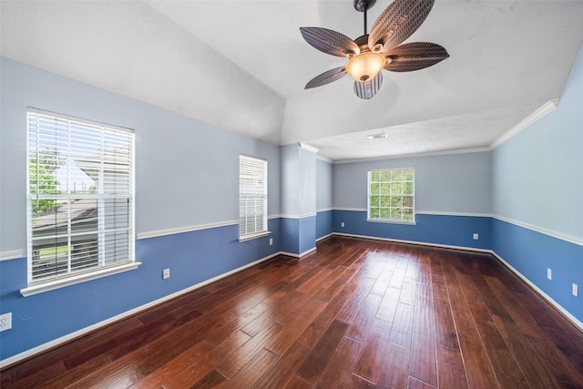 2502 Sea Horse Ct, Seabrook, TX 77586 - empty room featuring wood finished floors, a ceiling fan, baseboards, lofted ceiling, and crown molding