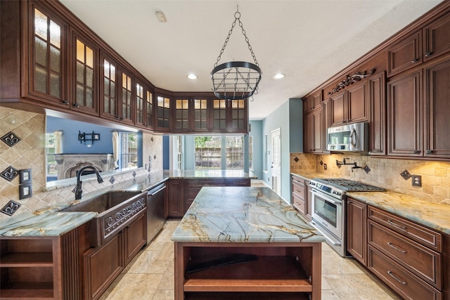 2502 Sea Horse Ct, Seabrook, TX 77586 - kitchen with open shelves, stainless steel appliances, a sink, backsplash, and recessed lighting