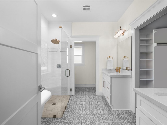 8253 Carolyn St, Santa Fe, TX 77517 - full bath with vanity, a shower stall, and tile patterned floors
