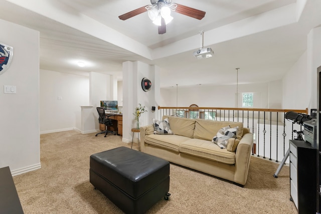 27 Medley Ln, The Woodlands, TX 77382 - carpeted living room featuring a ceiling fan, a tray ceiling, and an office area