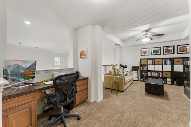 27 Medley Ln, The Woodlands, TX 77382 - home office featuring light carpet, a ceiling fan, and vaulted ceiling